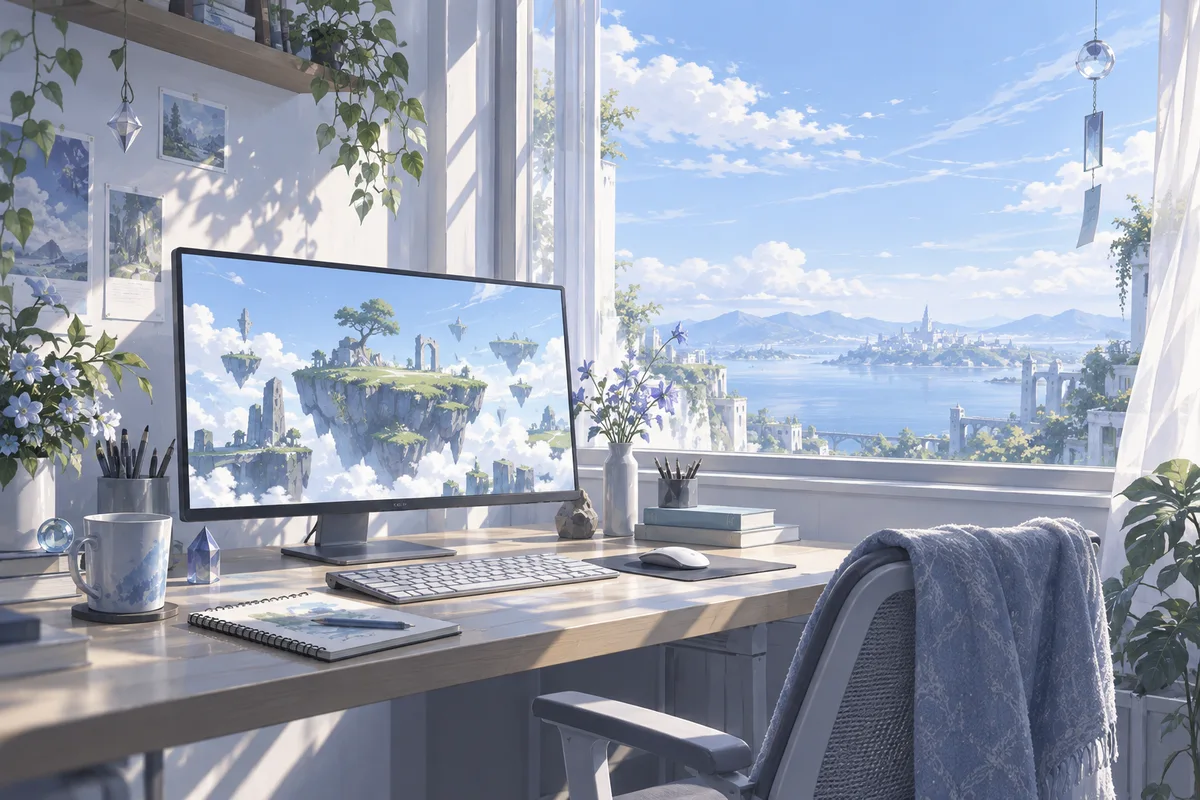 浅蓝天空下的窗边工作台，显示器中是漂浮岛屿构成的游戏世界